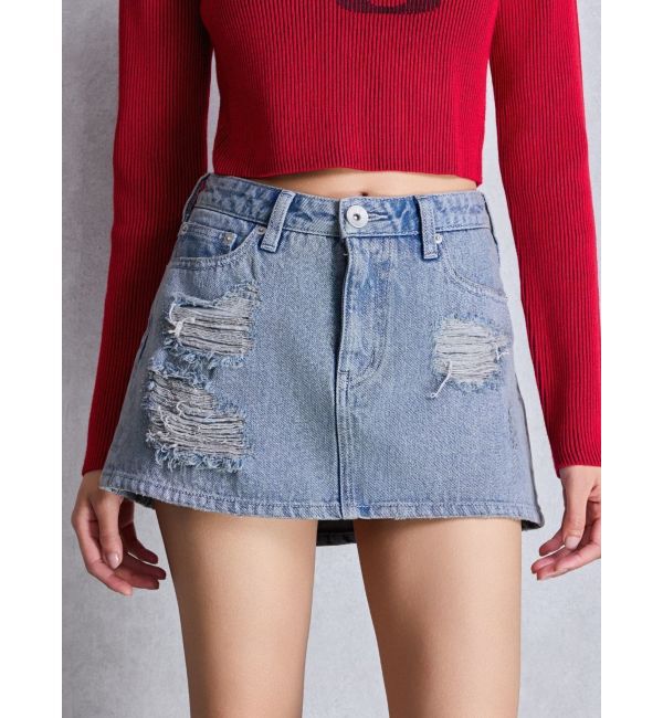 【ジェイダ/GYDA】 ハイウエストダメージスカートライクデニムショートパンツ