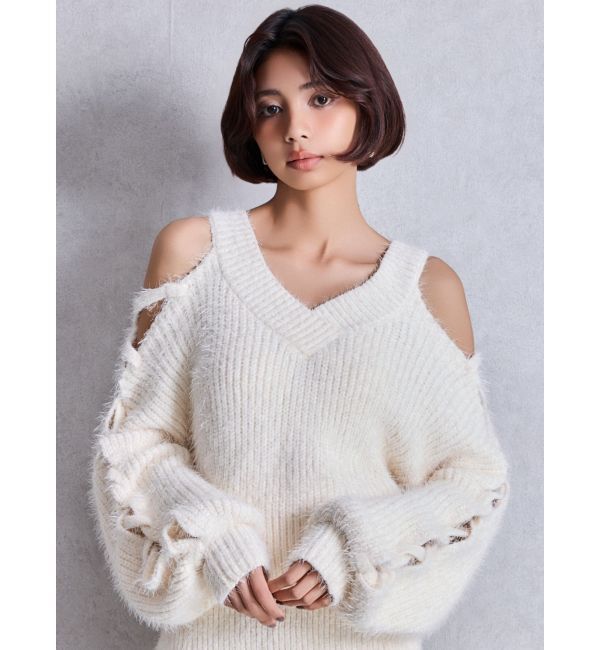 【ジェイダ/GYDA】 レースアップシャギーニットトップス