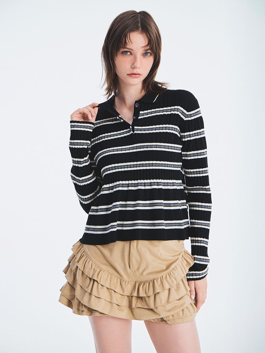 【ファーファー/FURFUR】 ボーダーペプラムポロニットトップス