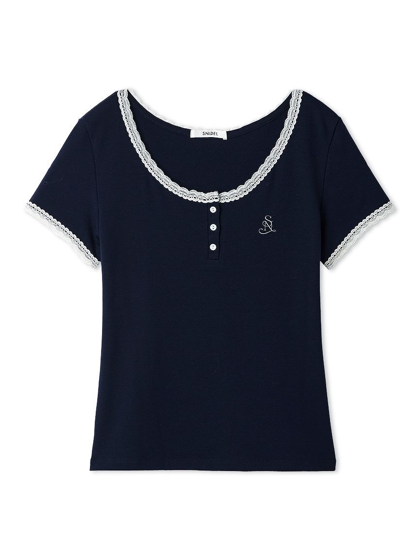 【WEB限定カラーあり】レースデザインヘンリーネックTシャツ