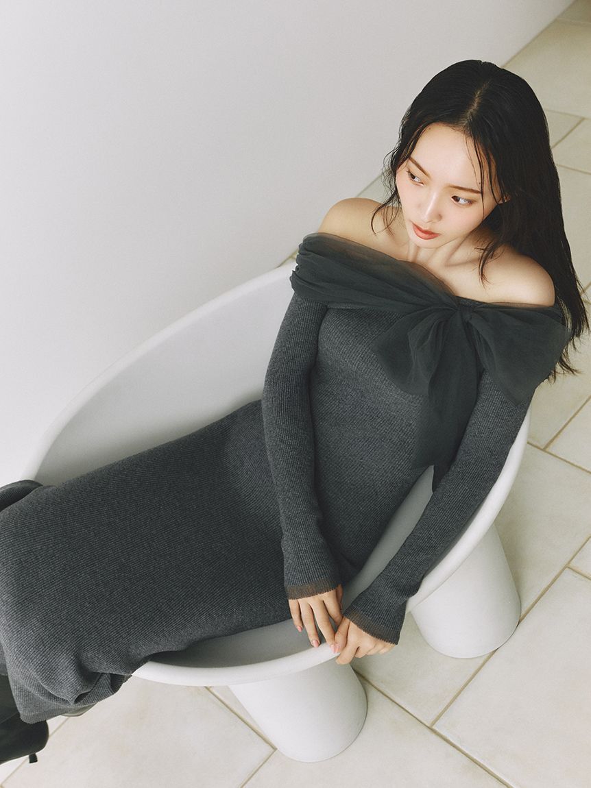 【フレイ　アイディー/FRAY I.D】 3wayリボンオフショルニットワンピース