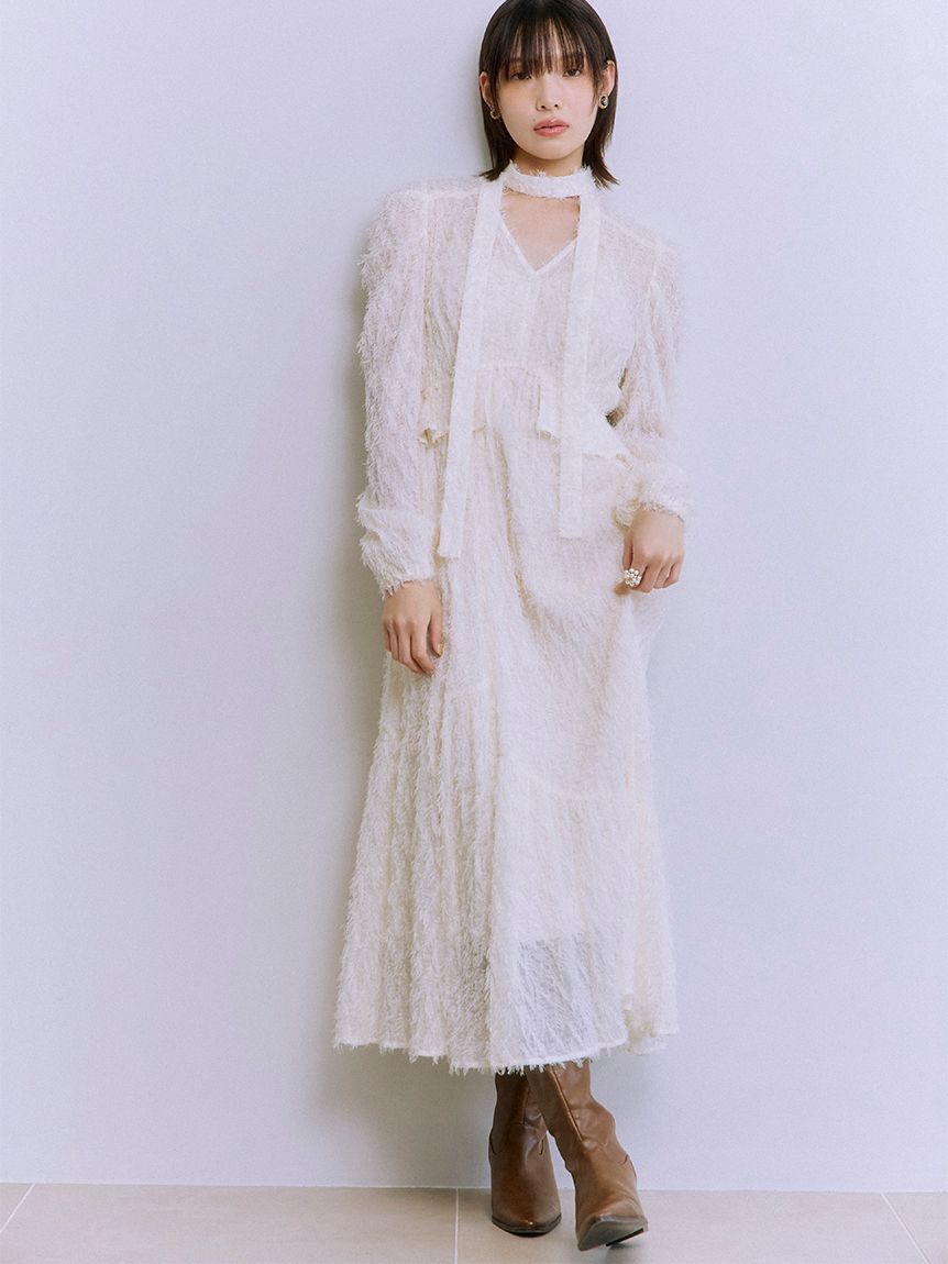 【リリーブラウン/LILY BROWN】 【WEB限定00サイズ】ボウタイ付きフリンジジャガードペプラムワンピース