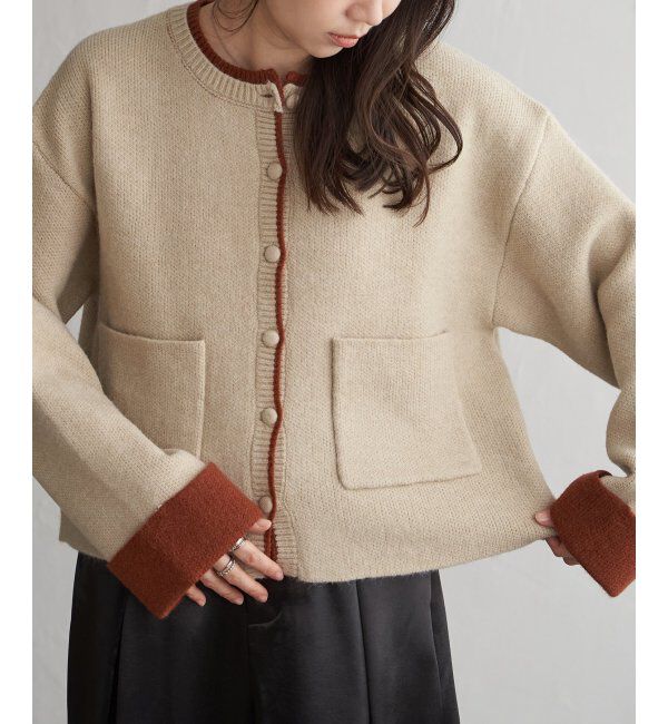 【ヴァンスシェアスタイル/VENCE share style】 アルパカタッチ配色カーディガン