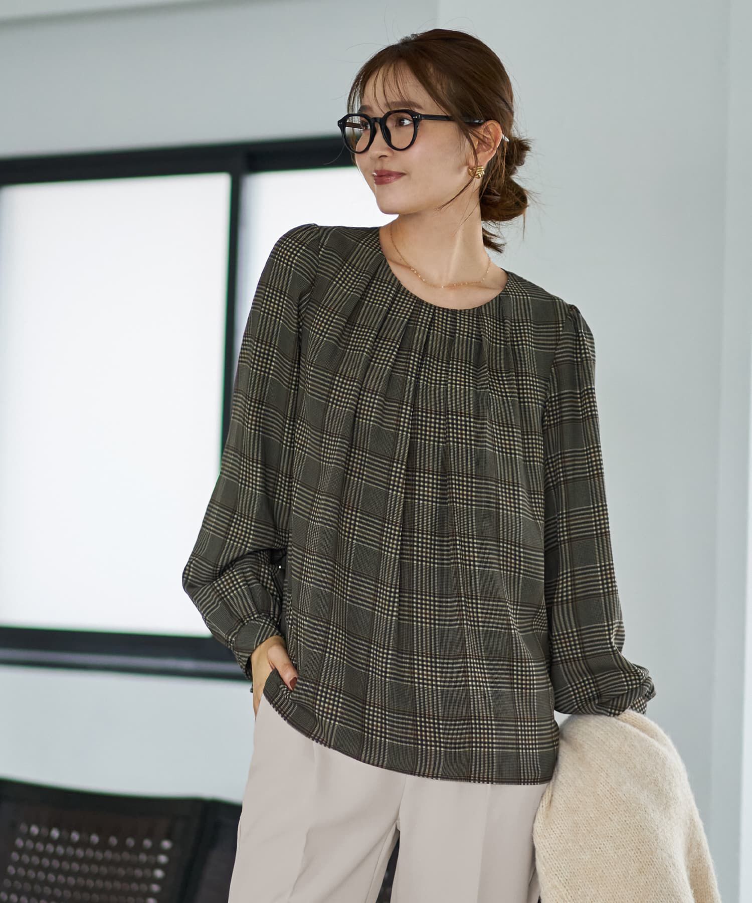 【スタイルデリ/STYLE DELI】 【LUXE】マットサテンチェック柄ブラウス