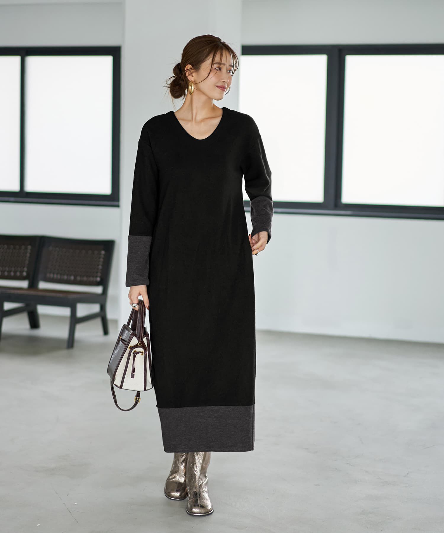 【スタイルデリ/STYLE DELI】 【MADE IN JAPAN】配色Uネックワンピース