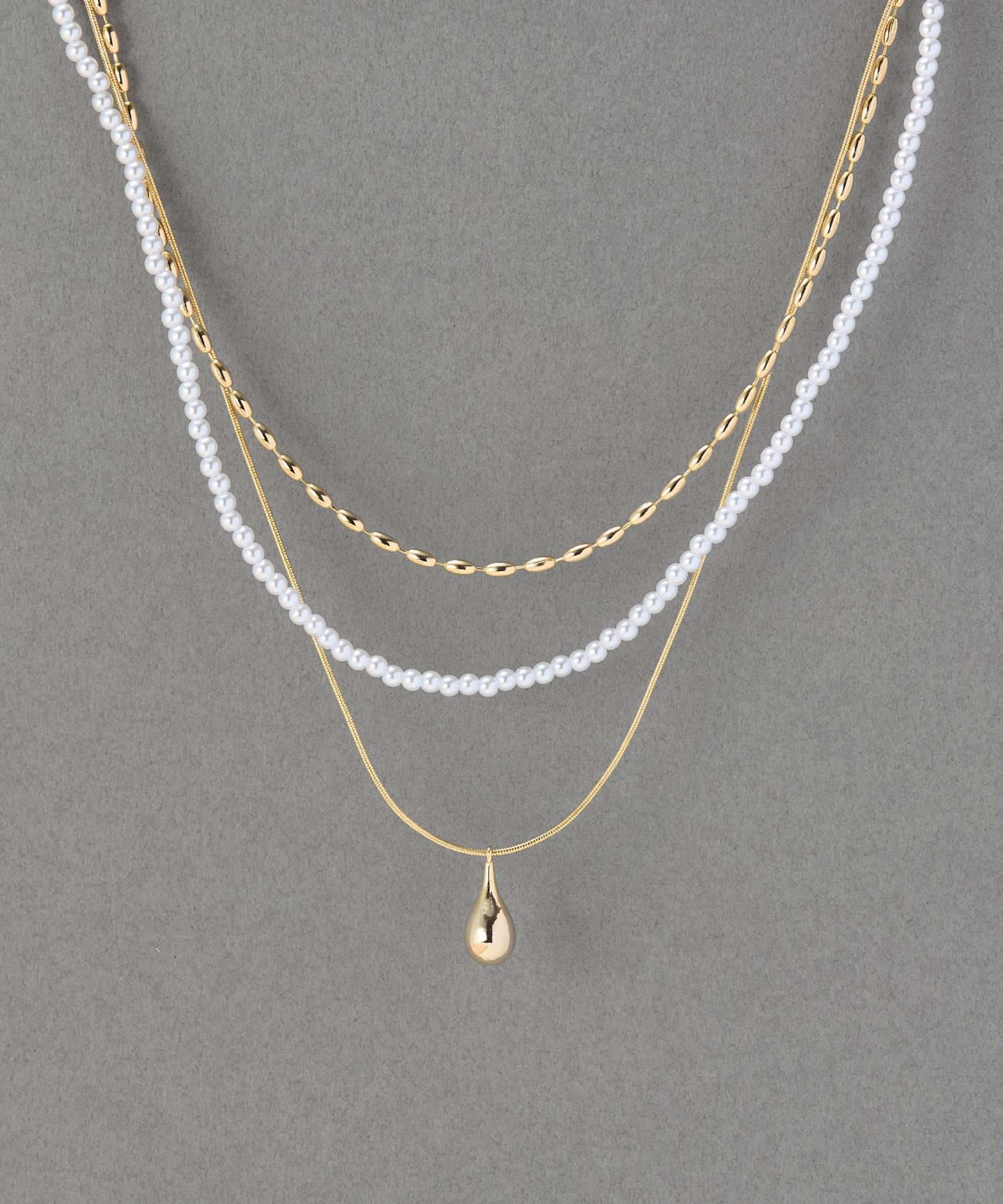 【フィービィー/Phoebe】 パール×ドロップメタル3連ネックレス ゴールド