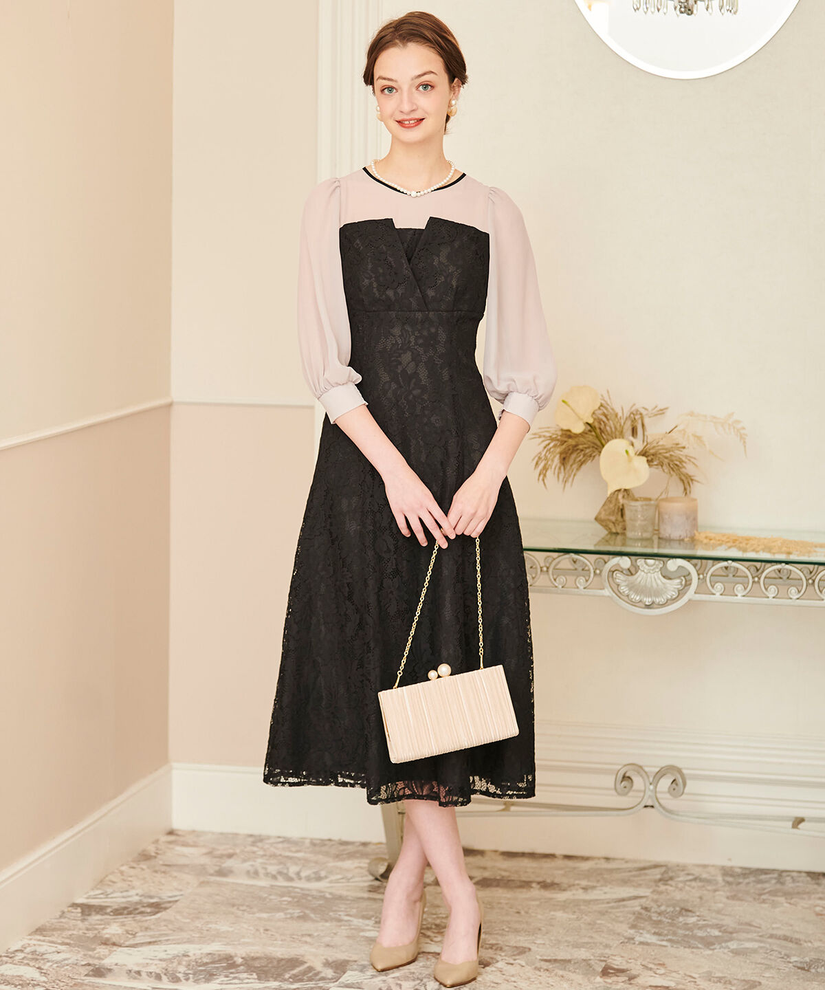 【アンドクチュール/AND COUTURE】 ビスチェ切替レースドレス