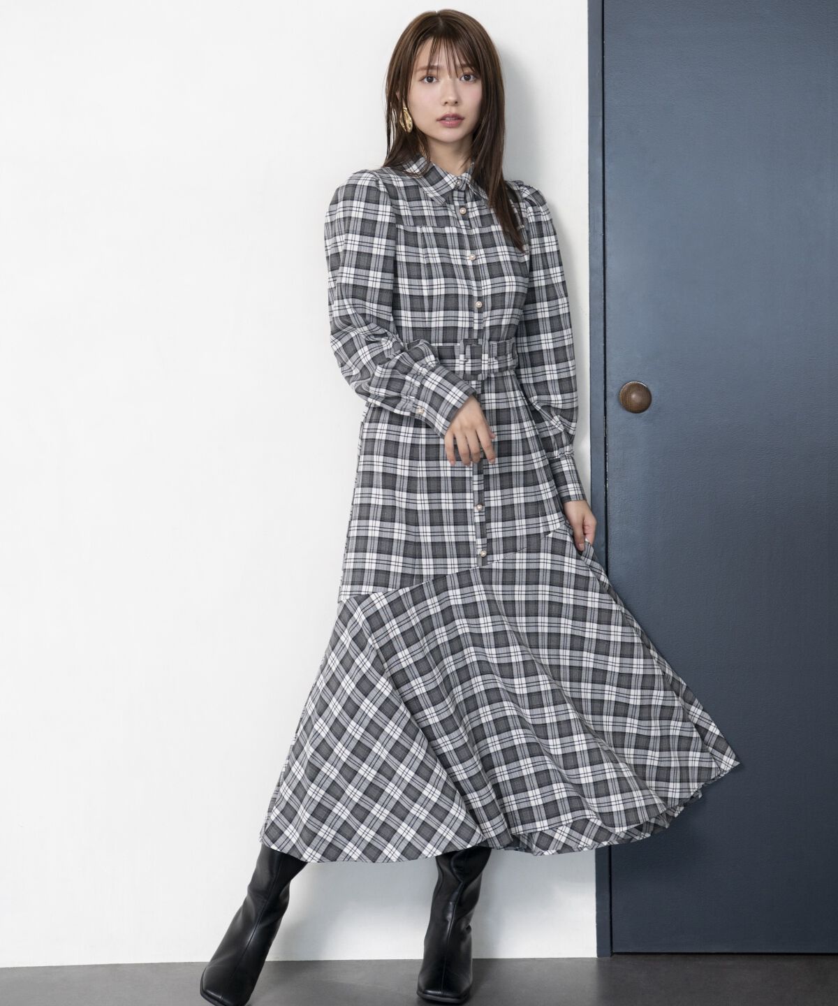 【アンドクチュール/AND COUTURE】 チェックシャツ切替ワンピース