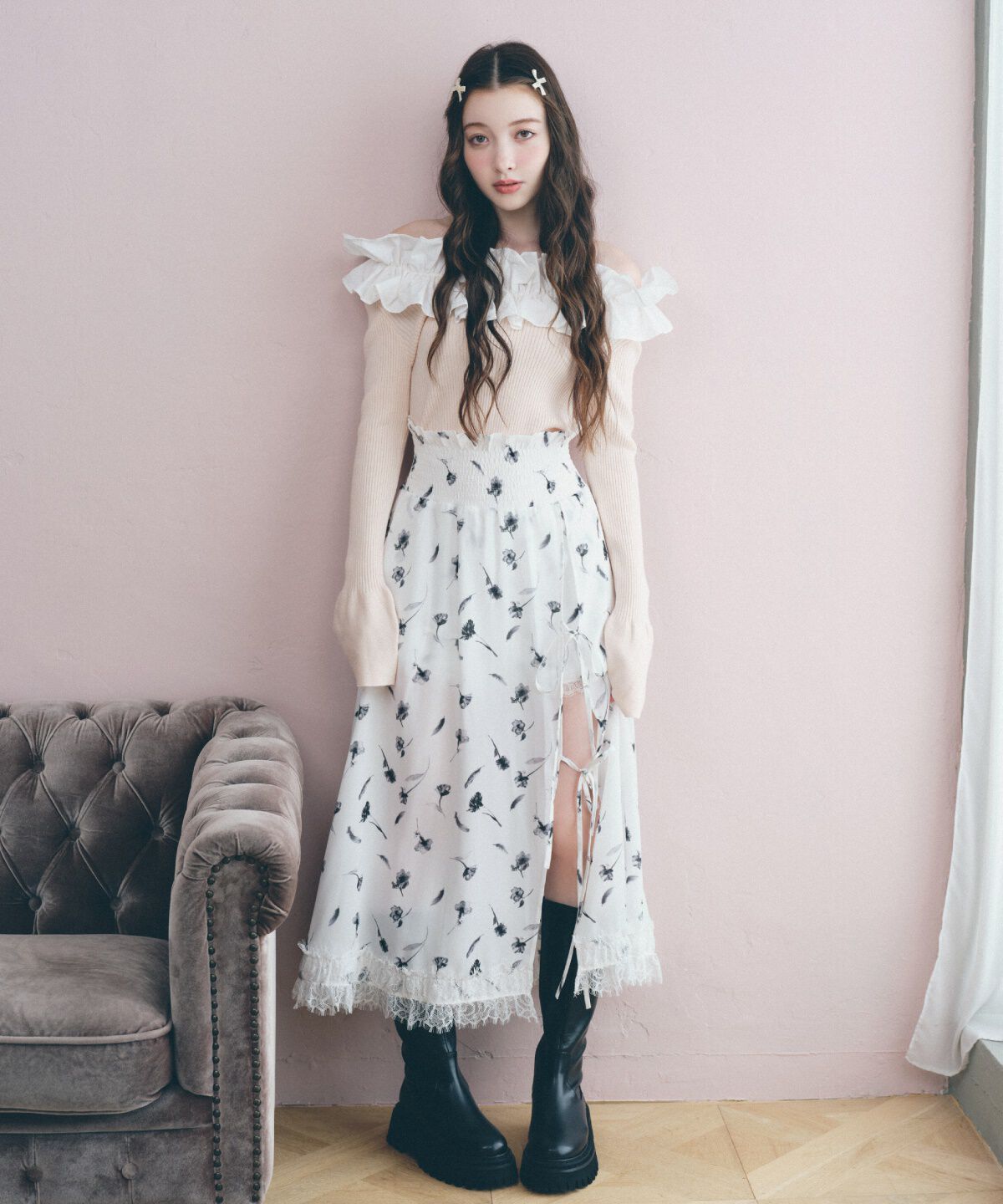 【レディアゼル/REDYAZEL】 フェザープリントスリットスカショートパン