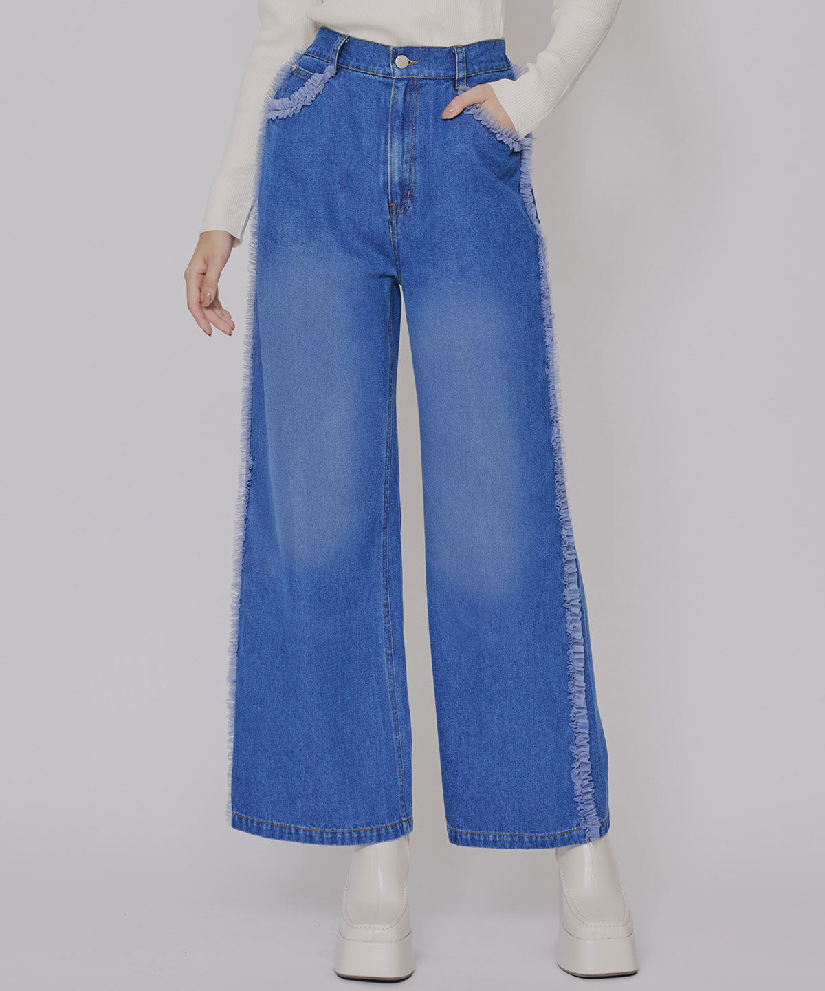 【レディアゼル/REDYAZEL】 サイドチュールフリルストレートデニムパンツ