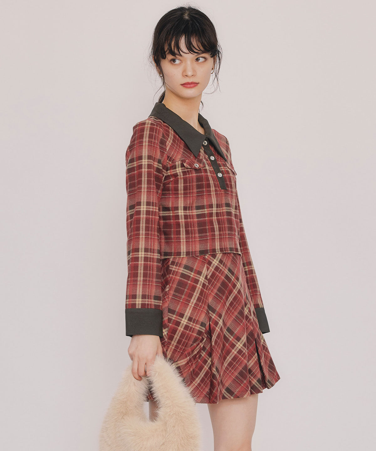 【レディアゼル/REDYAZEL】 バイアスチェックショートブラウス×プリーツミニスカートセットアップ