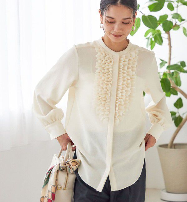 ガリャルダガランテ スタンドフリルブラウス ブルー スエード シャツ