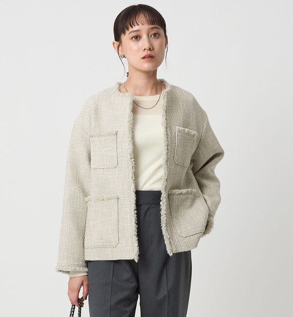 極美品◆グリーンレーベル ツイード ポケット ノーカラー ジャケット ミックスツイードライク ポケット ノーカラー ジャケット（UNITED