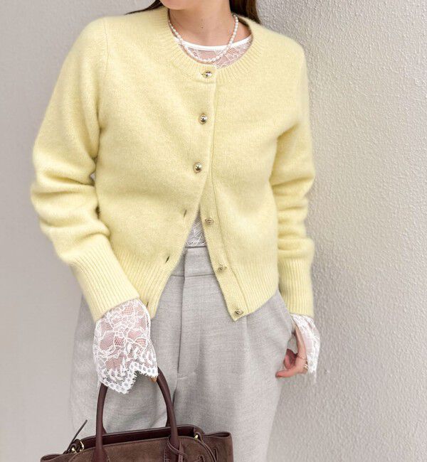 ヘアリーメタル釦クルーネックカーディガン