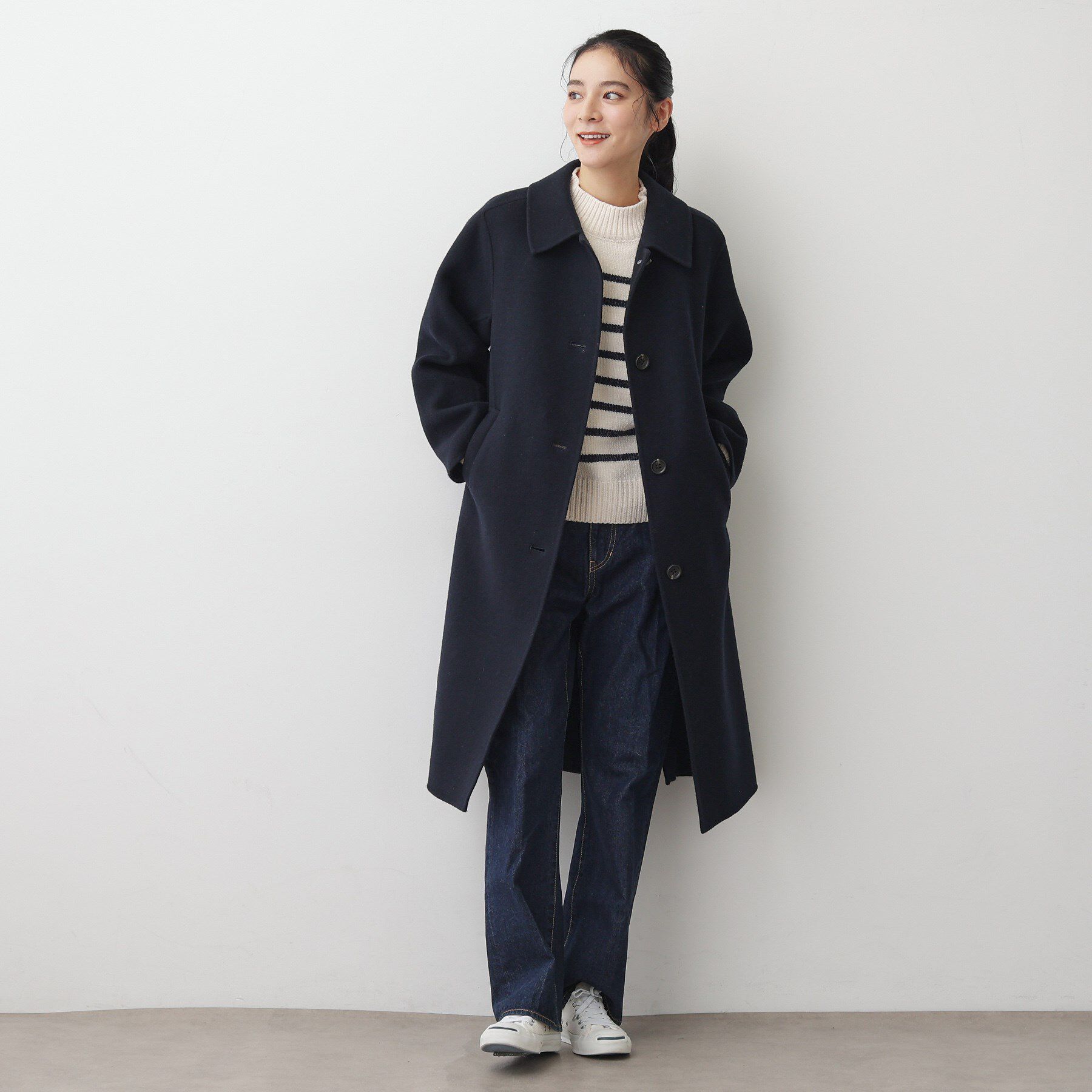 美品　自由区　ウール混　ロングコート　洗える　ネイビー　M　ガウン　切替　濃紺 洗える】ウール混リバーメルトンロングコート（Dessin）｜ルミネの