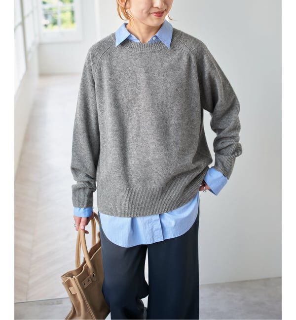 WEB限定カラー有り》ウールカシミヤ ラグランクルーネックニット