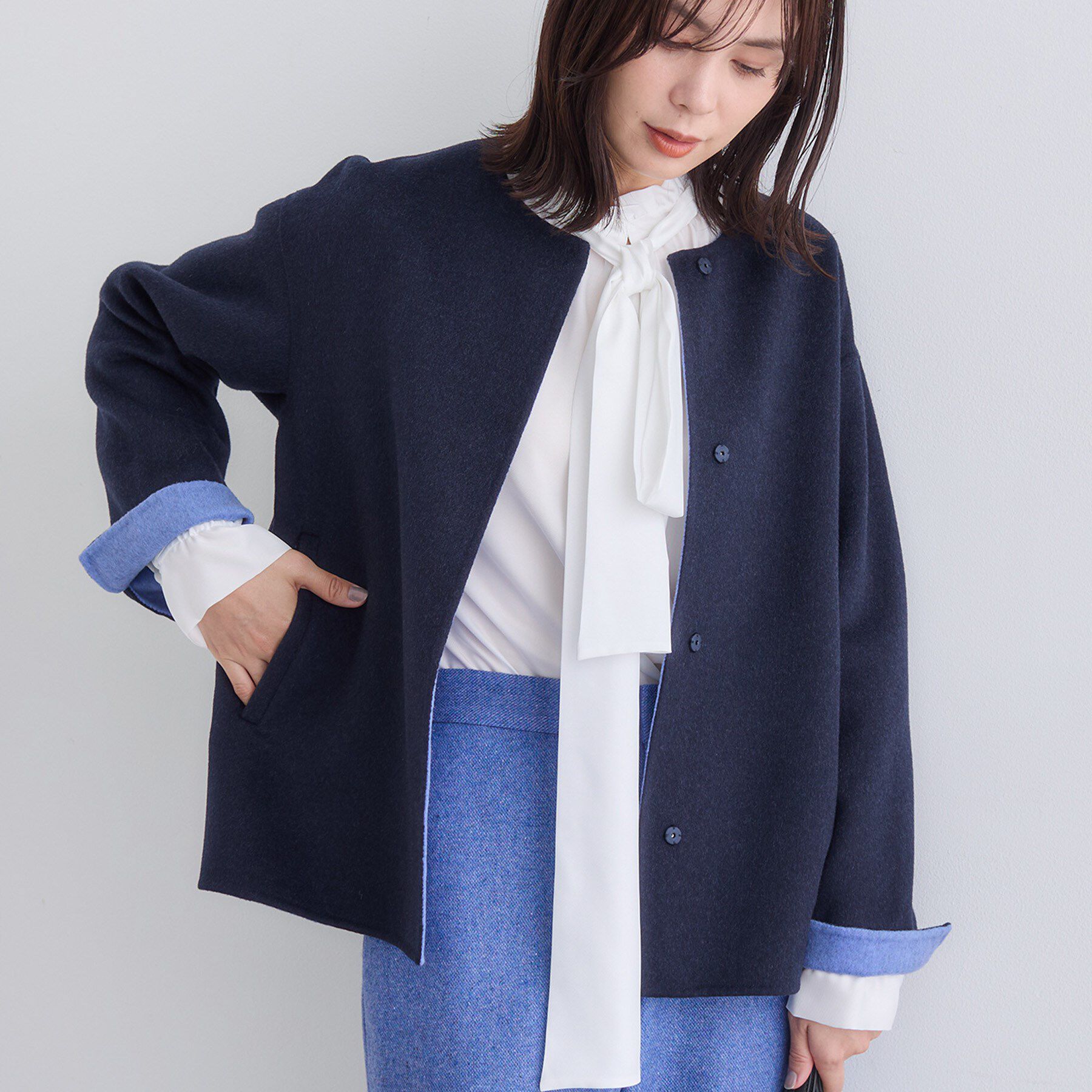 配色デザイン／ショート丈】ウールリバー ノーカラーコート（INDIVI