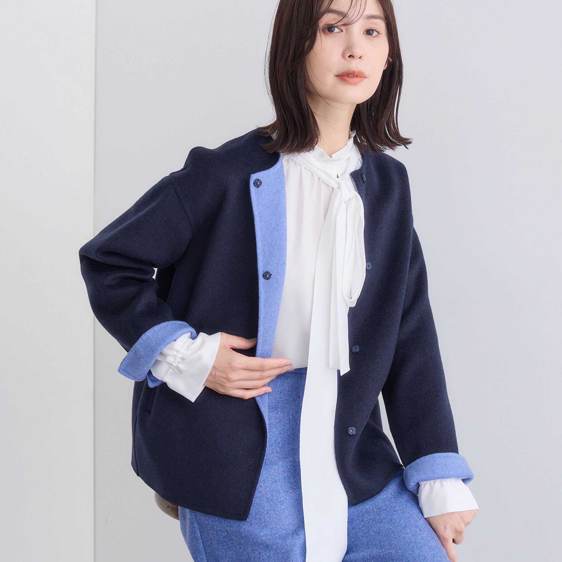 配色デザイン／ショート丈】ウールリバー ノーカラーコート（INDIVI