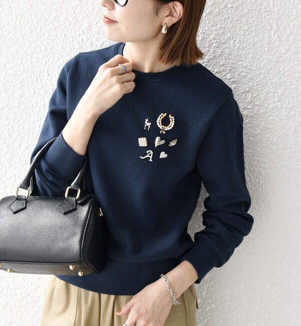 追加予約》SHIPS any:〈手洗い可能〉裏起毛 ビジュー クルーネック