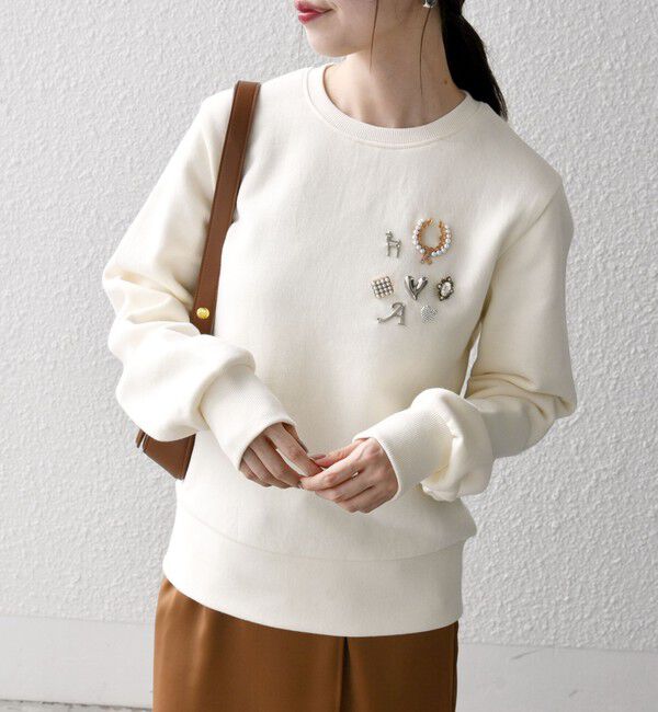 追加予約》SHIPS any:〈手洗い可能〉裏起毛 ビジュー クルーネック