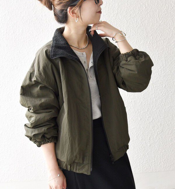 SHIPS any: ナイロン × ボア リバーシブル スタンドカラー ショート