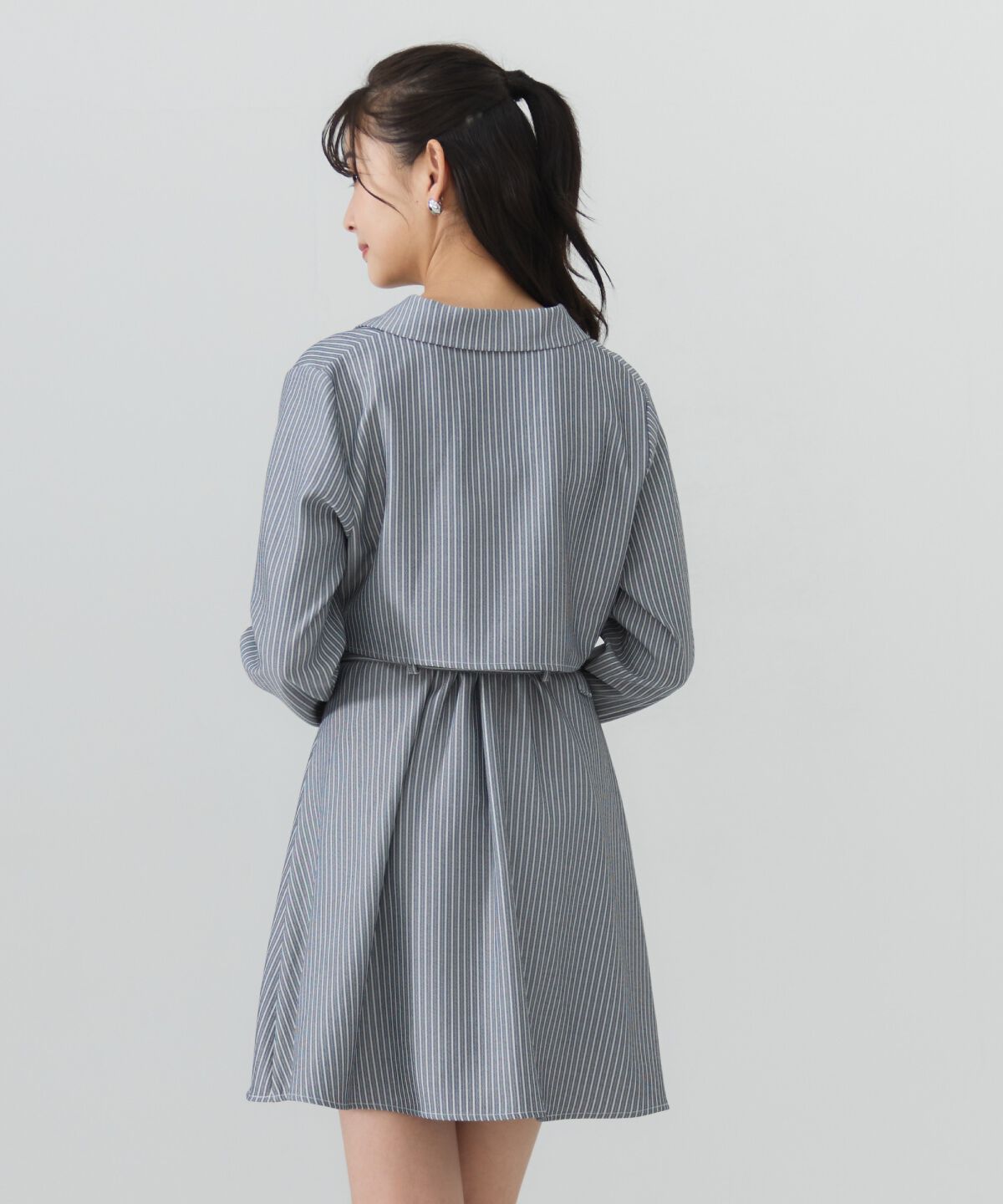 フロントシャーリングシャツ＆ストライプミニワンピースセット