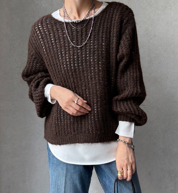  「【WEB限定】メッシュニットプルオーバー＋インナーセット」|ニット・セーター|ブラウン