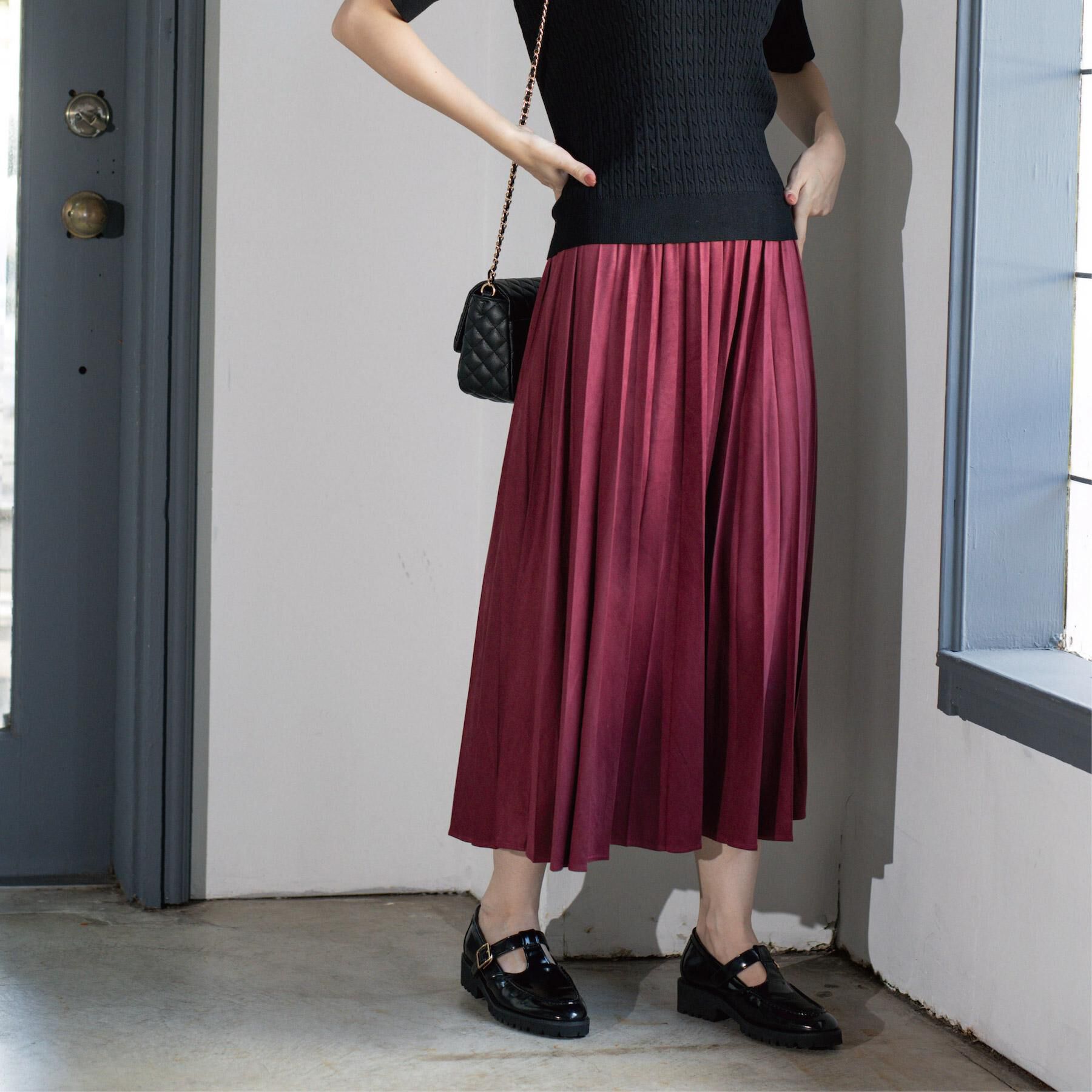 OPAQUE.CLIP「フェイクスウェードプリーツスカート【静電気防止加工/洗濯機OK】《6col/S～LL》」|スカート|ボルドー(864)