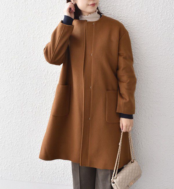 ⭐︎ミルクティー色の端正なノーカラーコート⭐︎ SHIPS Colors:SUPER100 ウール ノーカラー コート◇（SHIPS Colors