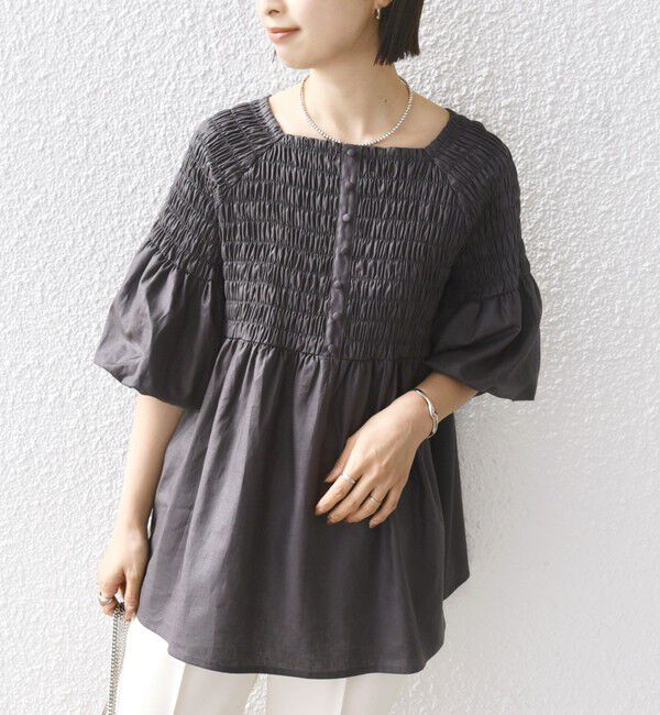 SHIPS for women「【WEB限定】〈手洗い可能〉レーヨン リネン コーティング シャーリング ブラウス」|シャツ・ブラウス|チャコールグレー