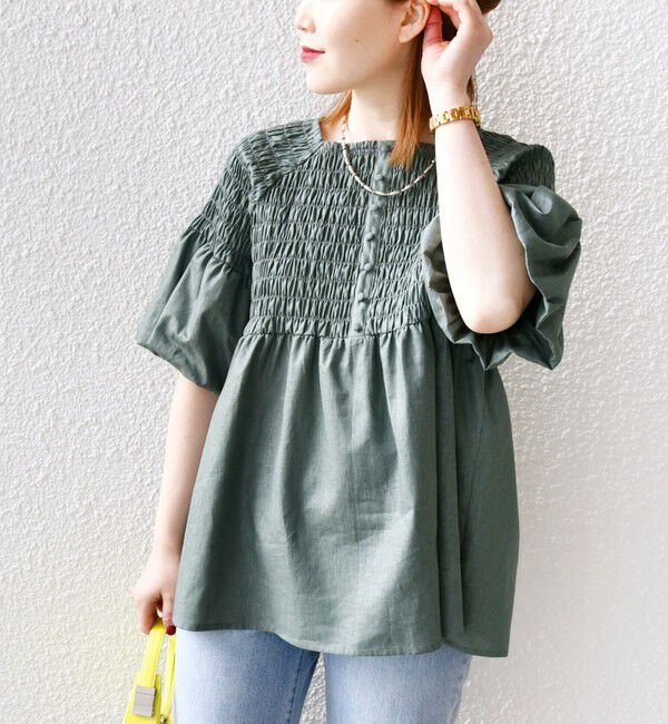 SHIPS for women「【WEB限定】〈手洗い可能〉レーヨン リネン コーティング シャーリング ブラウス」|シャツ・ブラウス|ライトオリーブ