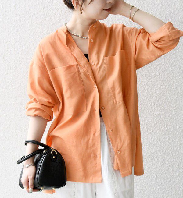 SHIPS any「SHIPS any:〈洗濯機可能〉リネン ミックス スタンドカラー ポケット シャツ 25SS 2」|シャツ・ブラウス|オレンジ