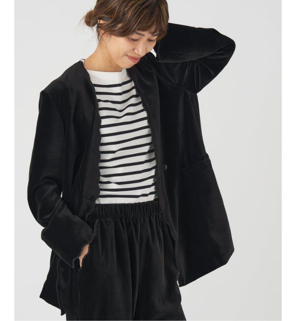 IENA「スカラップドベルベットジャケット」|ノーカラージャケット|ブラック