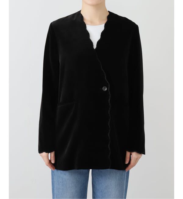 IENA「スカラップドベルベットジャケット」|ノーカラージャケット|
