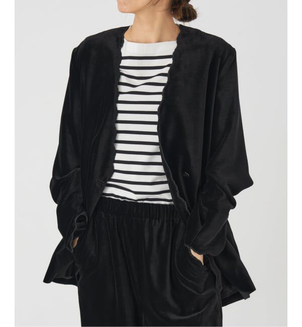 IENA「スカラップドベルベットジャケット」|ノーカラージャケット|