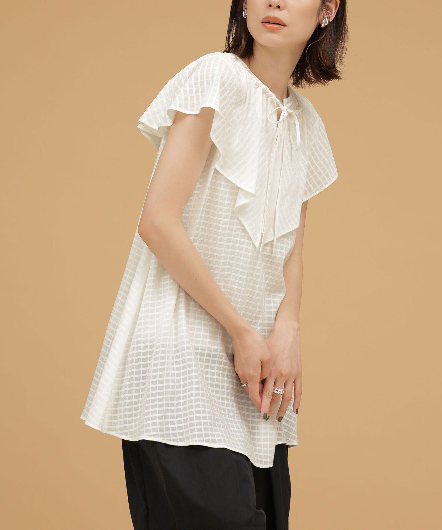 nano･universe「LB.03/ドビーチェックフレアカラーギャザーブラウス」|シャツ・ブラウス|ホワイト