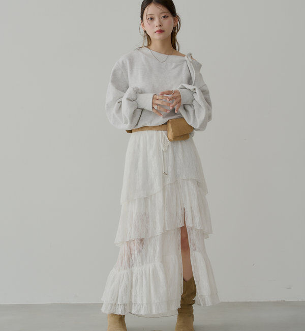  「スリットティアードレーススカート」|スカート|ホワイト