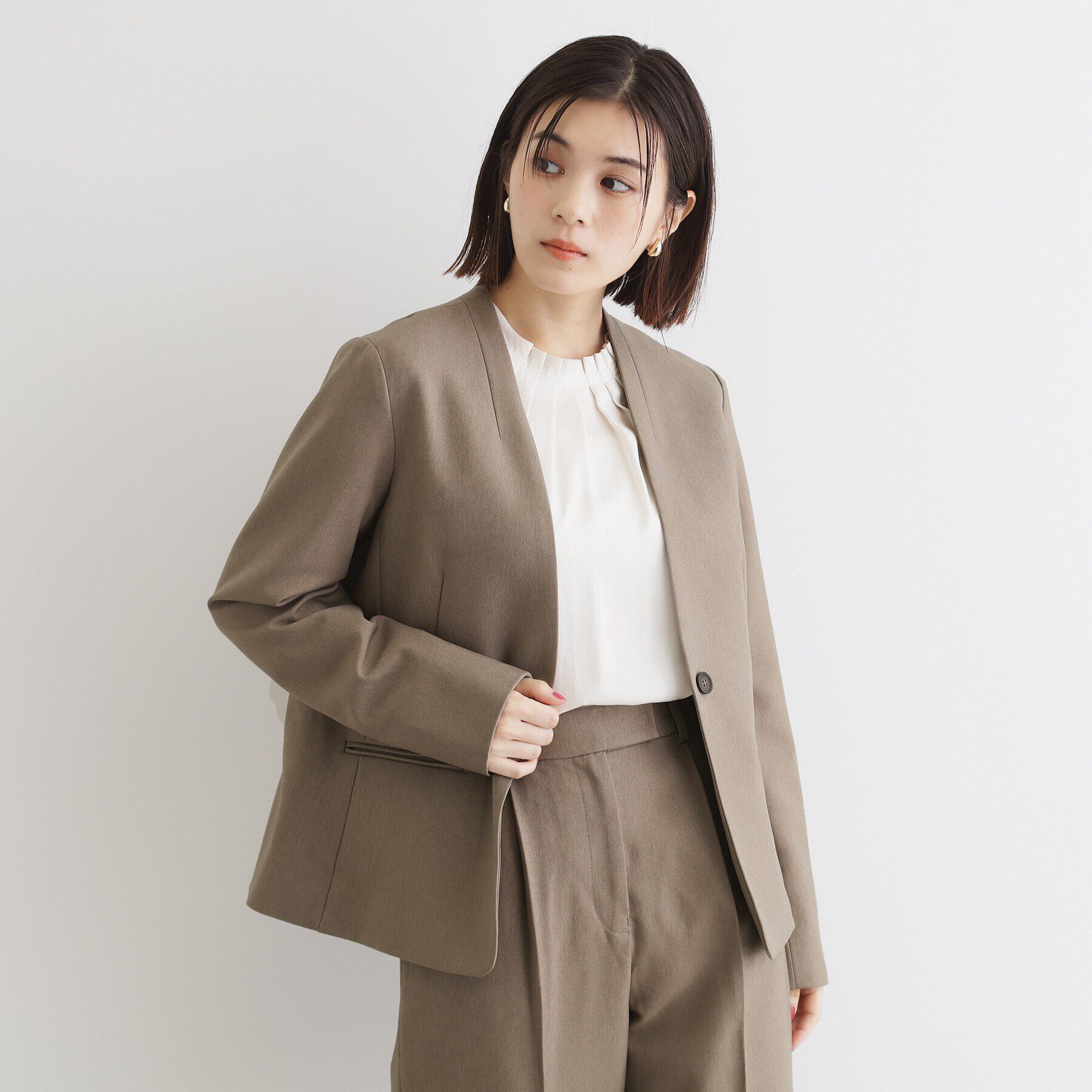 THE SHOP TK「【セットアップ可】ウール調ノーカラージャケット」|ノーカラージャケット|グレージュ(050)