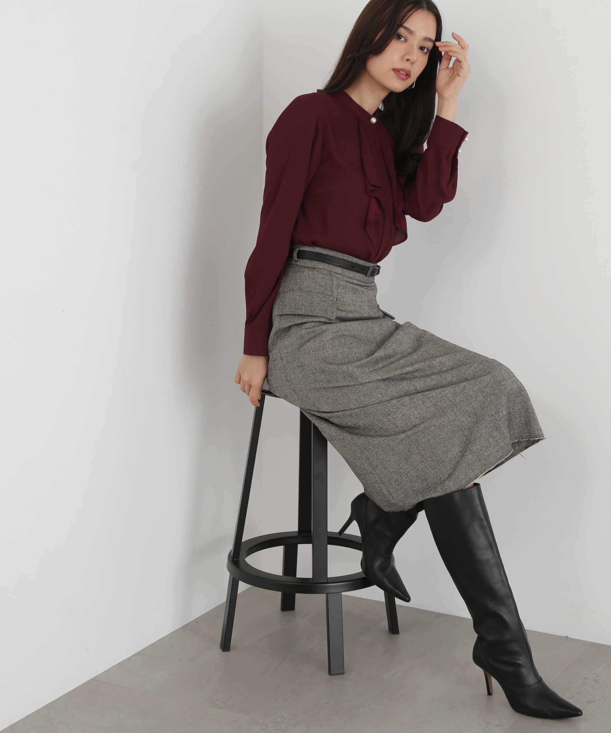  「◆クラシカルツイードレザーベルト付きスカート」|スカート|グレー