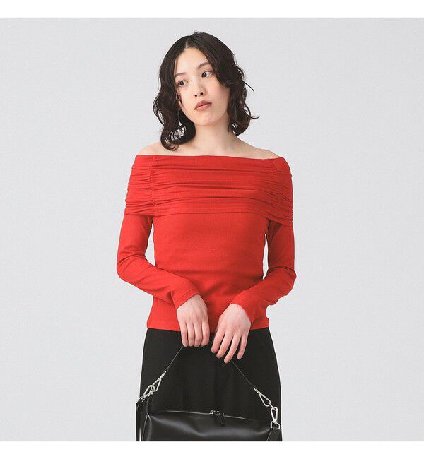 Ray BEAMS 「リブ ギャザー オフショルダー Tシャツ」|Tシャツ・カットソー|RED