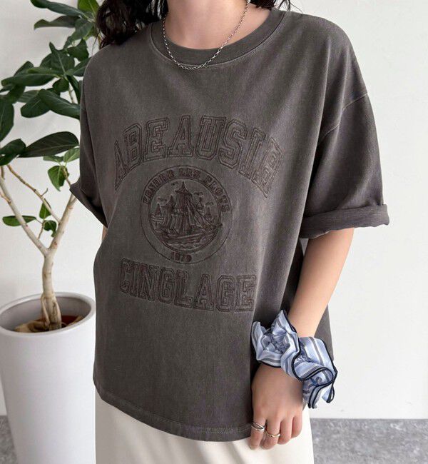 fredy emue「ピグメント刺繍クロップドTシャツ」|Tシャツ・カットソー|チャコールグレー