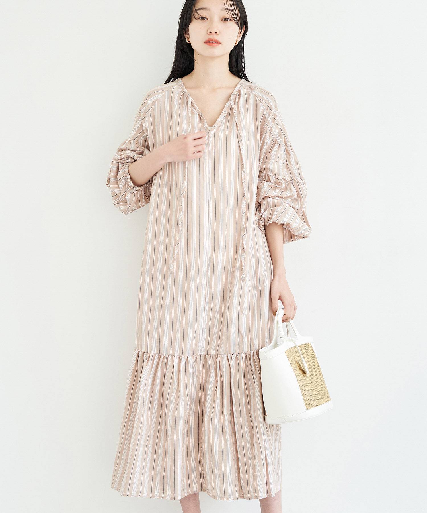 VIS「【前後2WAY】袖ボリュームマルチストライプワンピース」|その他|ベージュ系(29)