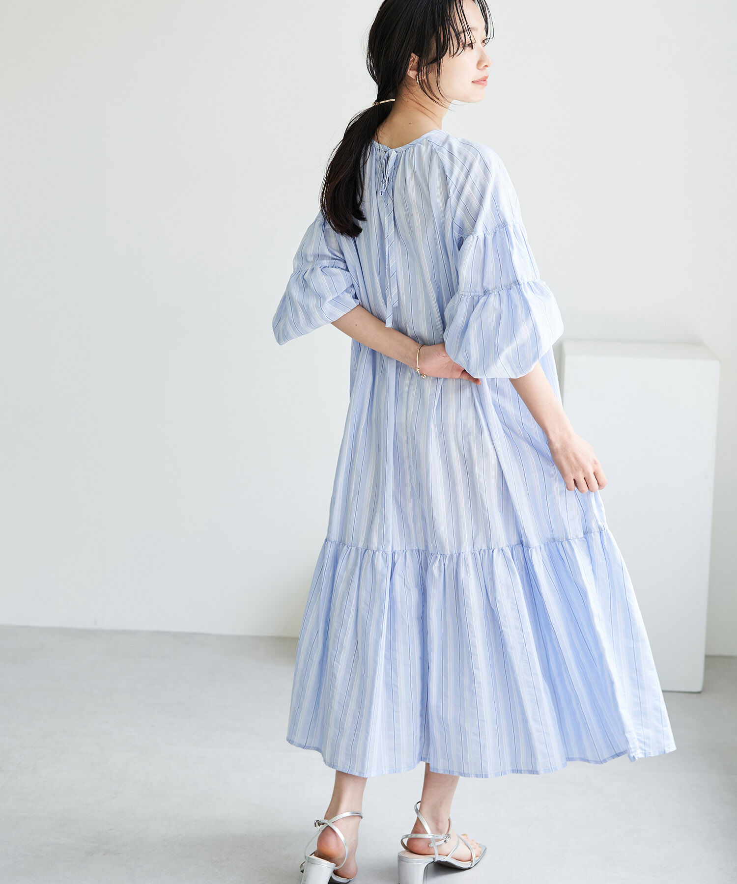 VIS「【前後2WAY】袖ボリュームマルチストライプワンピース」|その他|サックス(48)