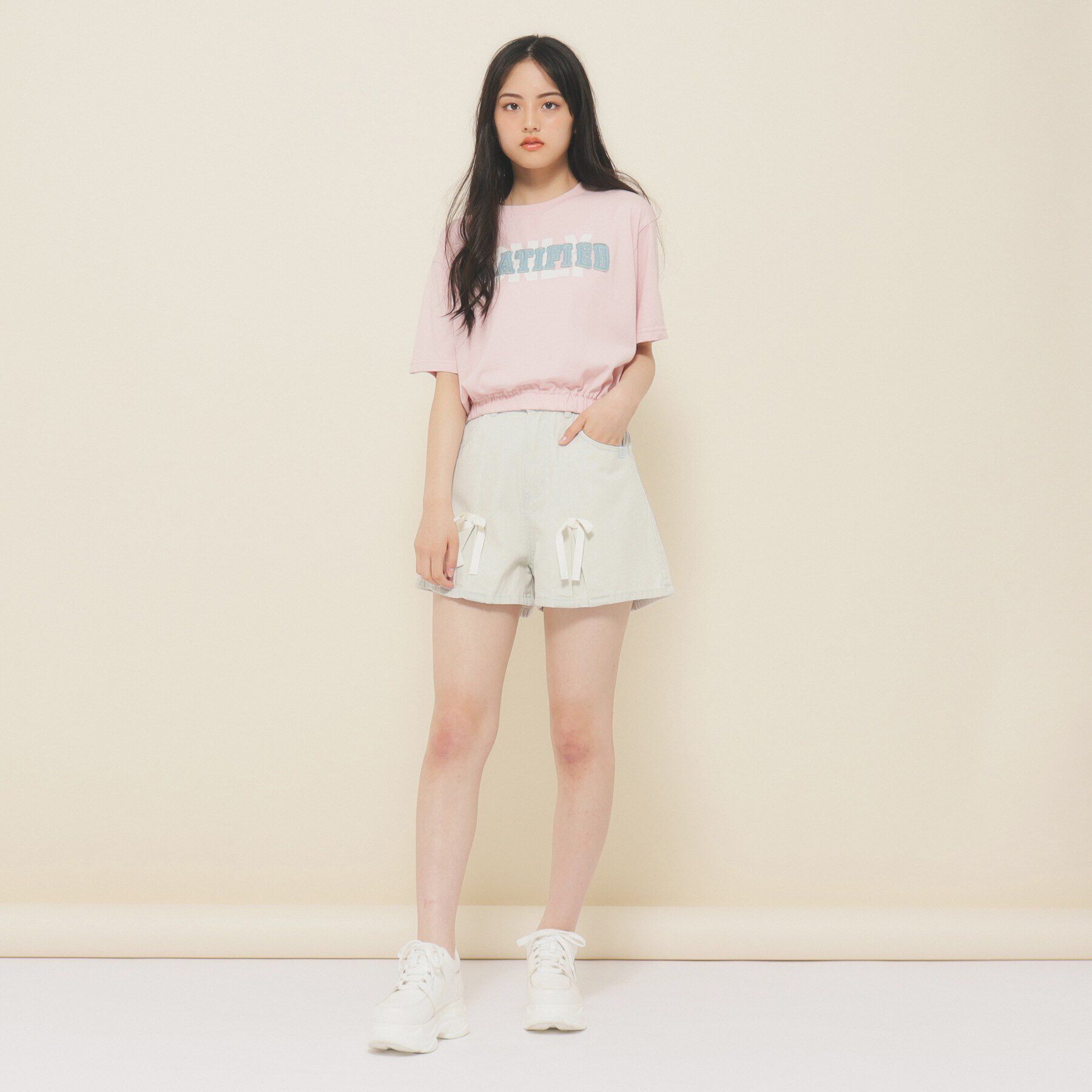 PINK-latte「【ニコラ10月号掲載/130cmあり】リボン付きデニムショートパンツ」|その他|