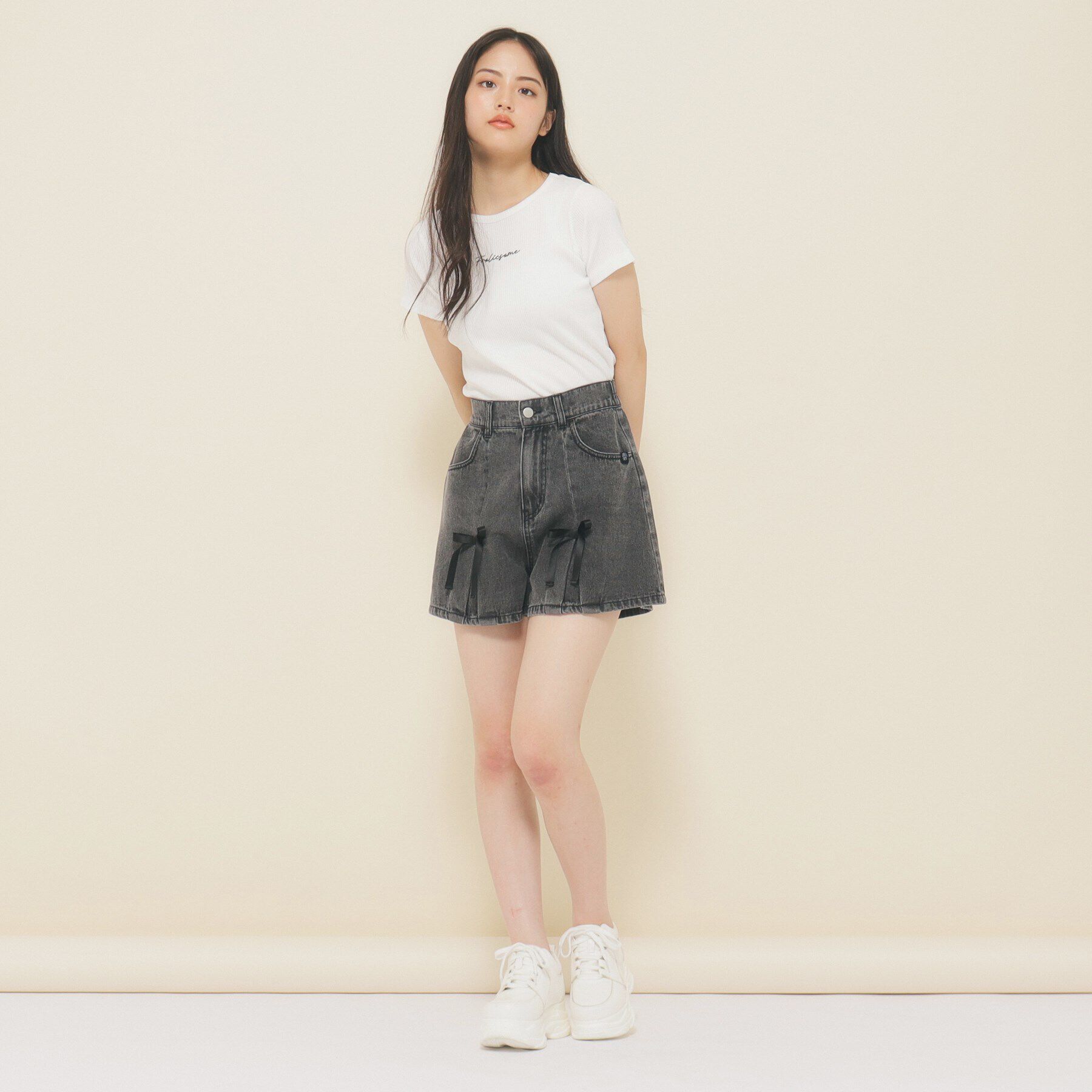 PINK-latte「【ニコラ10月号掲載/130cmあり】リボン付きデニムショートパンツ」|その他|