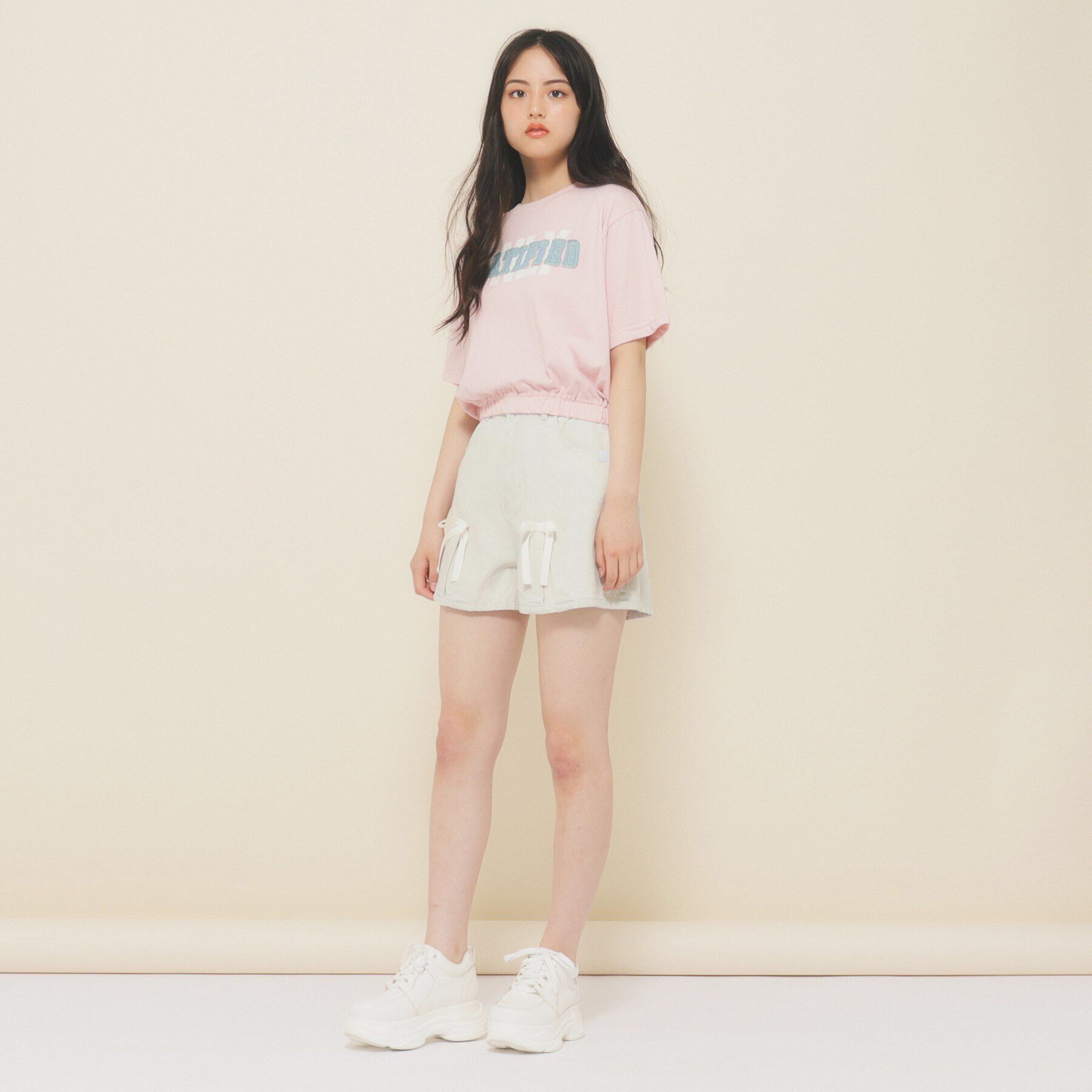 PINK-latte「【ニコラ10月号掲載/130cmあり】リボン付きデニムショートパンツ」|その他|ﾌﾞﾙｰ(491)