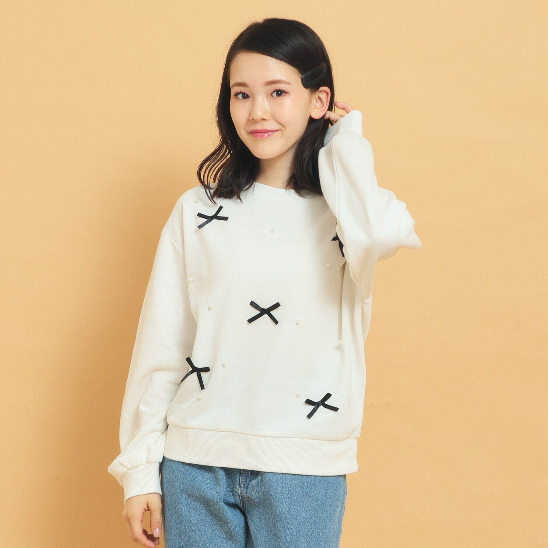 PINK-latte「毎日着たい！リボンパール裏毛」|Tシャツ・カットソー|ｵﾌﾎﾜｲﾄ(003)