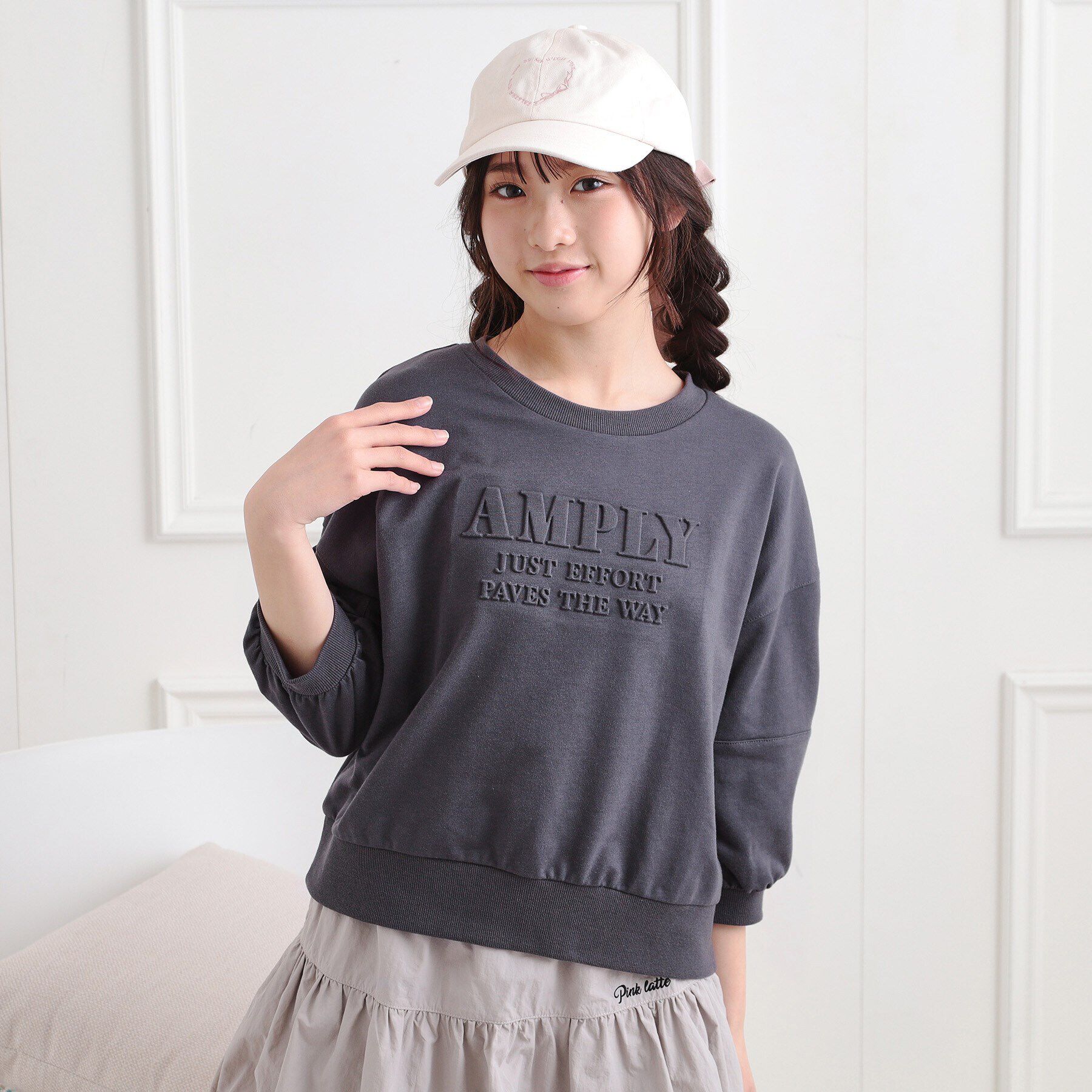 PINK-latte「エンボス七分袖Tシャツ」|Tシャツ・カットソー|グレー(012)