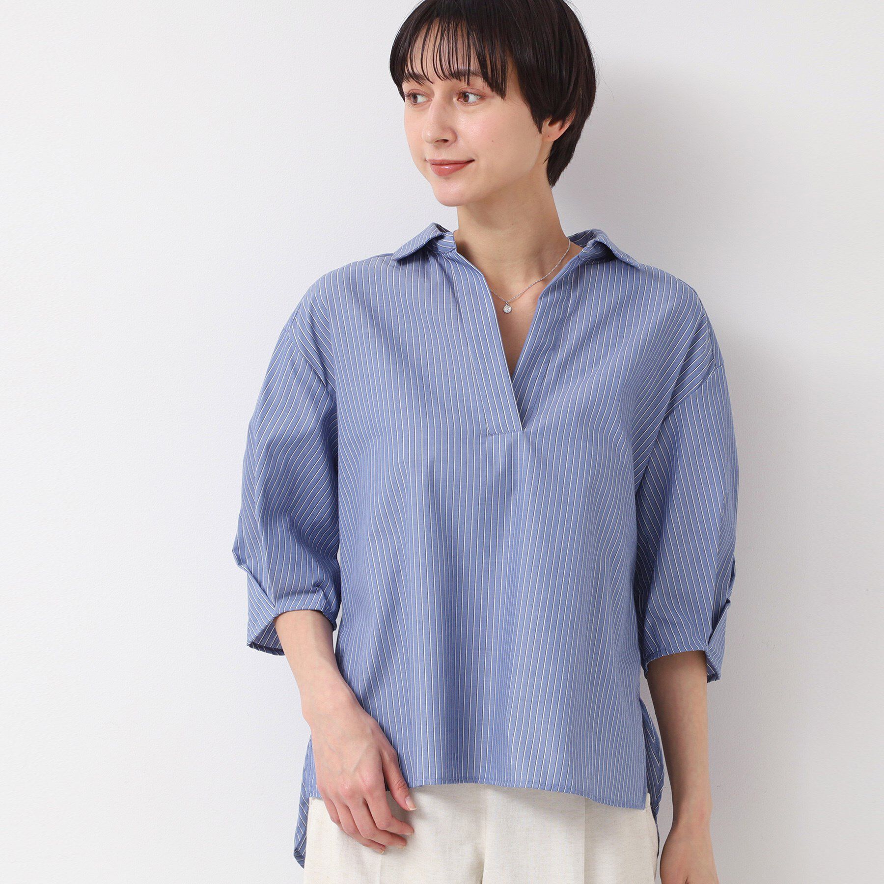 Dessin「【洗える・4サイズ展開】スキッパーシャツブラウス（XS～L）」|シャツ・ブラウス|ブルー(392)