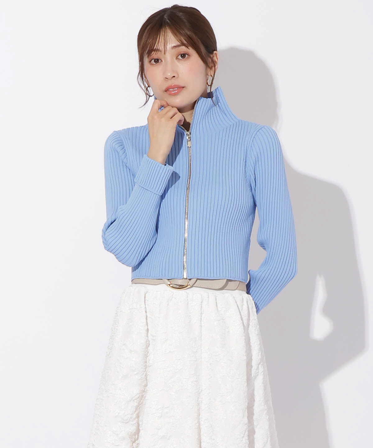 アンドクチュール「リブジッパーカーディガン」|カーディガン|ブルー